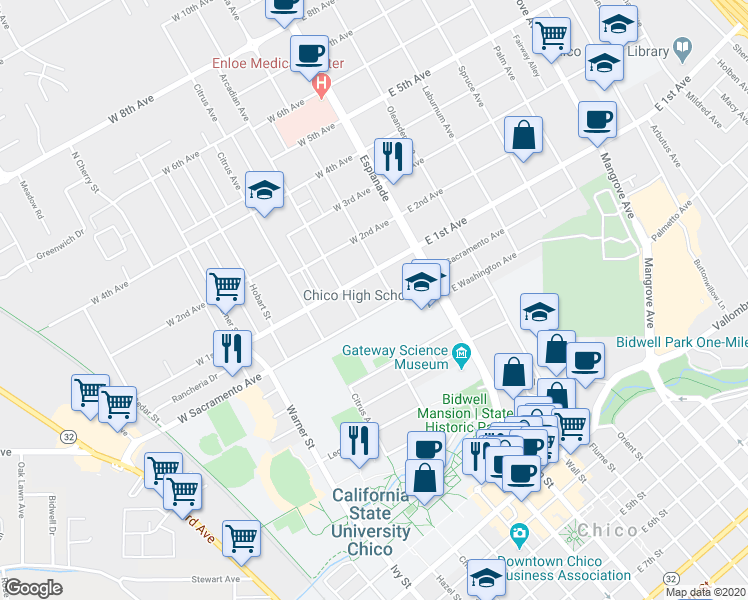map of restaurants, bars, coffee shops, grocery stores, and more near 220 West Sacramento Avenue in Chico