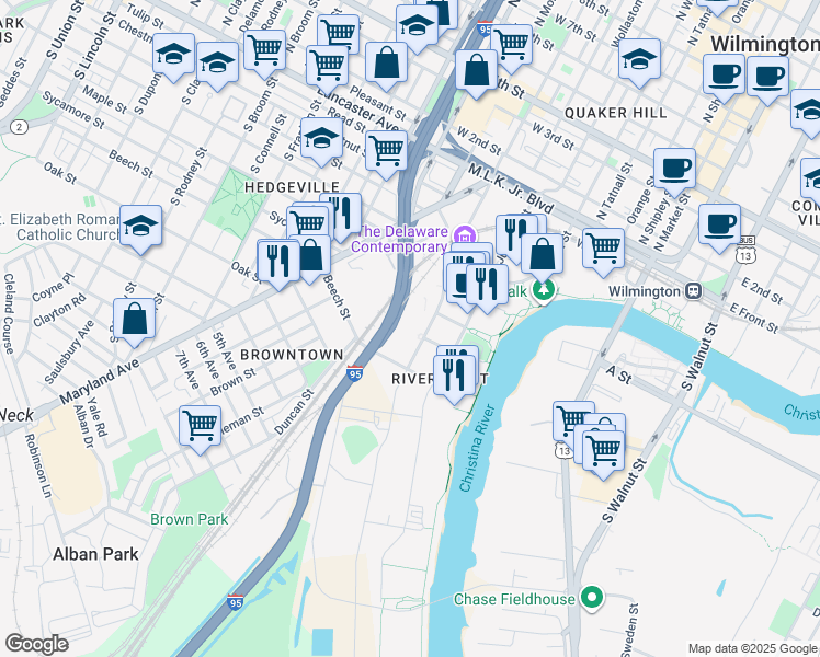 map of restaurants, bars, coffee shops, grocery stores, and more near Interstate 95 in Wilmington