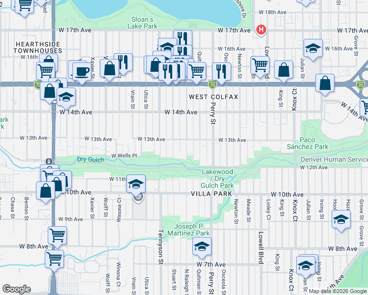 map of restaurants, bars, coffee shops, grocery stores, and more near 1297 Raleigh Street in Denver