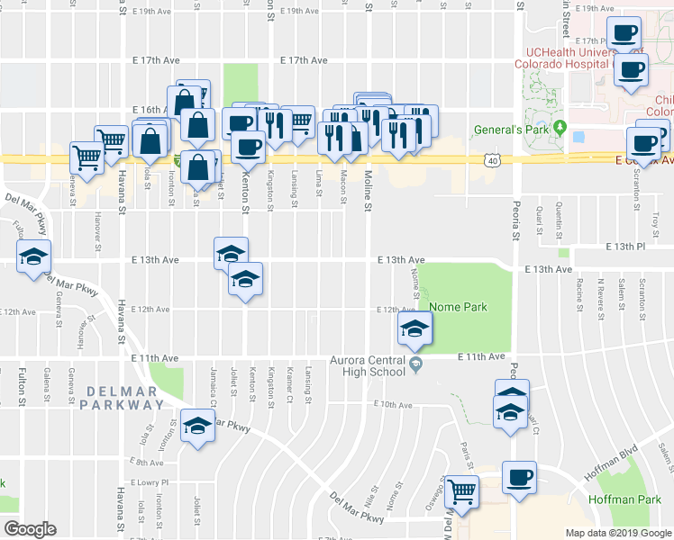 map of restaurants, bars, coffee shops, grocery stores, and more near 1300 Lima Street in Aurora