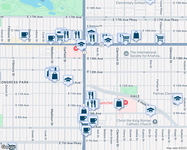 map of restaurants, bars, coffee shops, grocery stores, and more near 1295 Ash Street in Denver