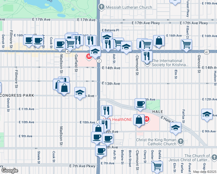 map of restaurants, bars, coffee shops, grocery stores, and more near 1295 Ash Street in Denver