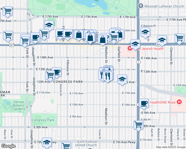 map of restaurants, bars, coffee shops, grocery stores, and more near 1268 Steele Street in Denver