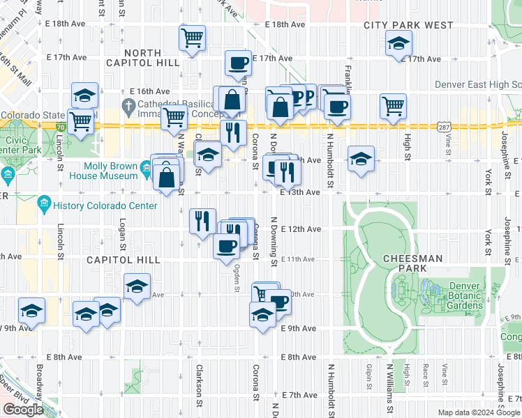 map of restaurants, bars, coffee shops, grocery stores, and more near in Denver