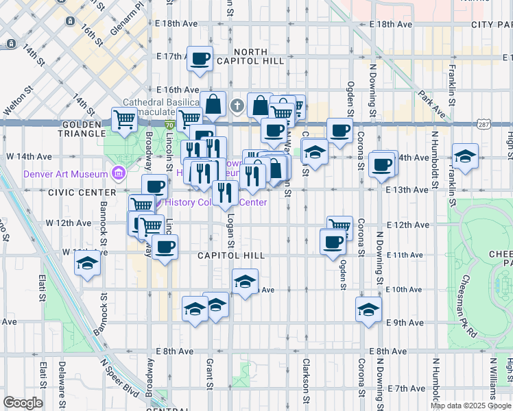map of restaurants, bars, coffee shops, grocery stores, and more near in Denver