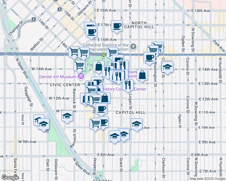 map of restaurants, bars, coffee shops, grocery stores, and more near 1271 Sherman Street in Denver