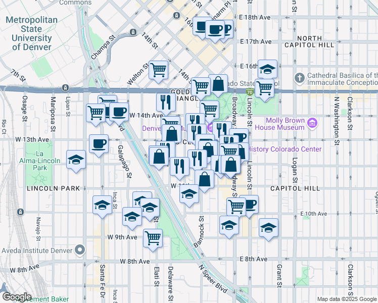 map of restaurants, bars, coffee shops, grocery stores, and more near in Denver