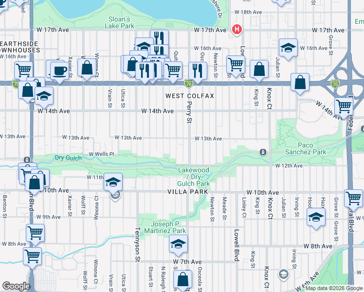 map of restaurants, bars, coffee shops, grocery stores, and more near 1295 Quitman Street in Denver