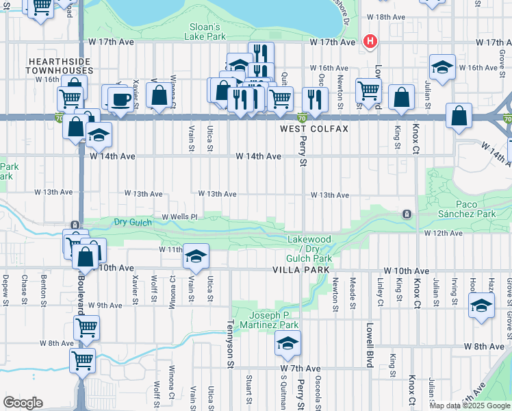 map of restaurants, bars, coffee shops, grocery stores, and more near 1297 Raleigh Street in Denver