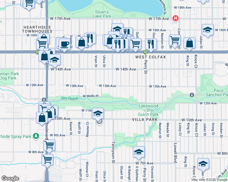 map of restaurants, bars, coffee shops, grocery stores, and more near in Denver