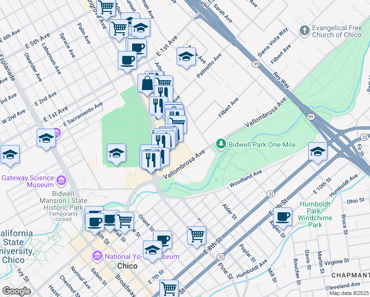map of restaurants, bars, coffee shops, grocery stores, and more near 720 Mangrove Avenue in Chico
