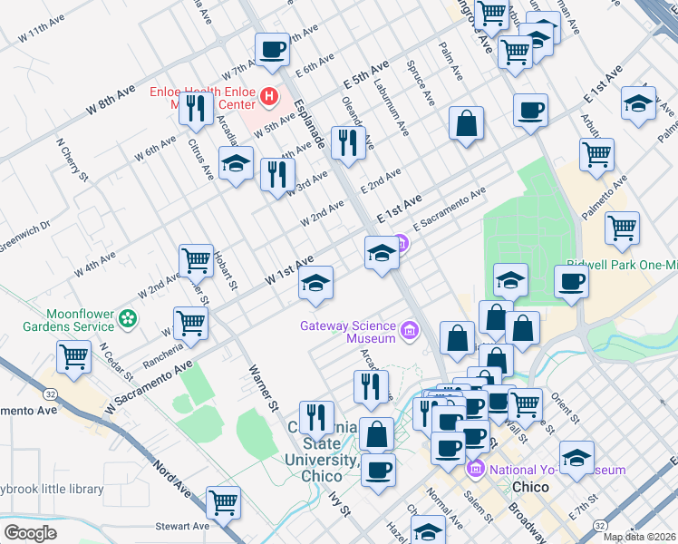 map of restaurants, bars, coffee shops, grocery stores, and more near 208 West Sacramento Avenue in Chico