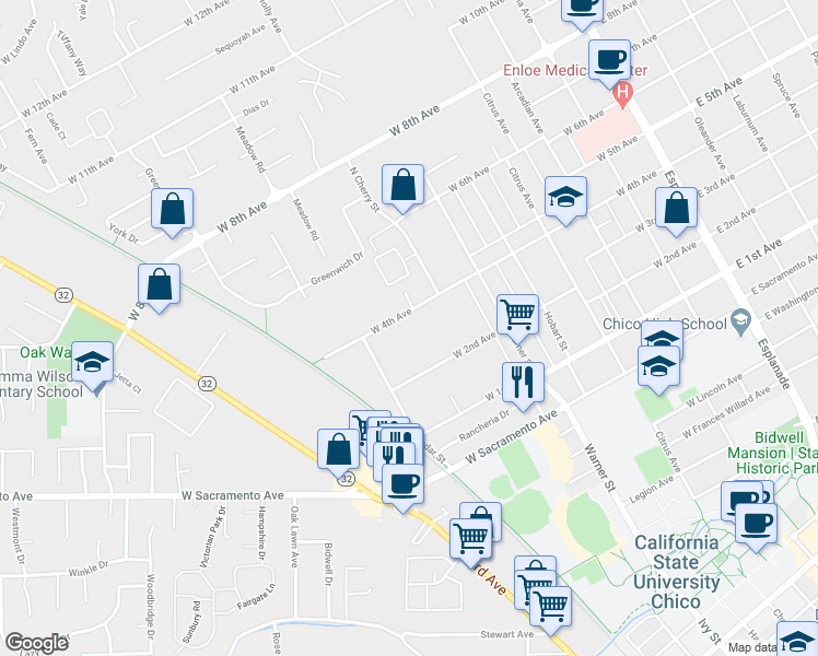map of restaurants, bars, coffee shops, grocery stores, and more near 741 West 4th Avenue in Chico