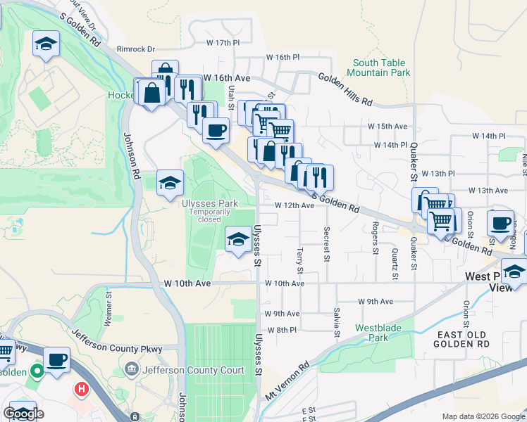map of restaurants, bars, coffee shops, grocery stores, and more near 1200 Ulysses Street in Golden