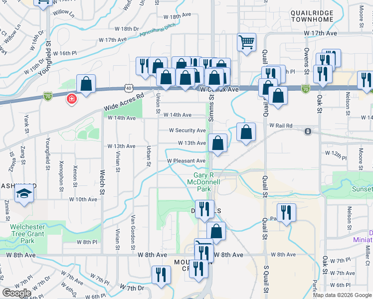 map of restaurants, bars, coffee shops, grocery stores, and more near 11794 West 13th Avenue in Golden