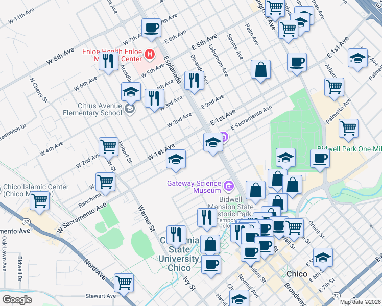 map of restaurants, bars, coffee shops, grocery stores, and more near 202 West Sacramento Avenue in Chico