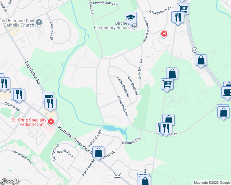 map of restaurants, bars, coffee shops, grocery stores, and more near 28 White Birch Road in Washington Township