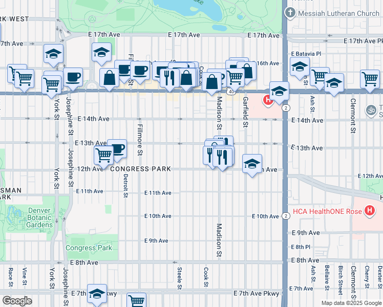 map of restaurants, bars, coffee shops, grocery stores, and more near 1268 Steele Street in Denver