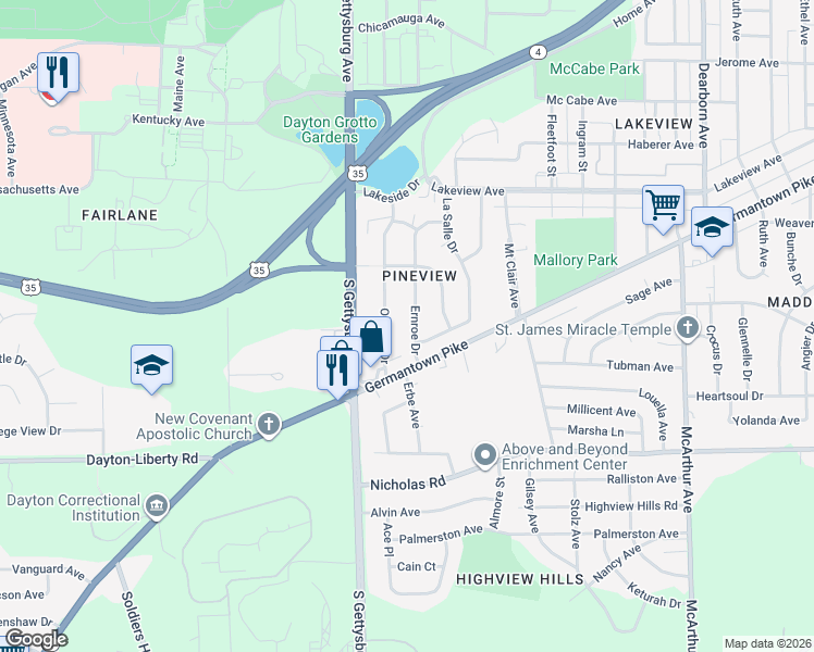 map of restaurants, bars, coffee shops, grocery stores, and more near 775 Ernroe Drive in Dayton