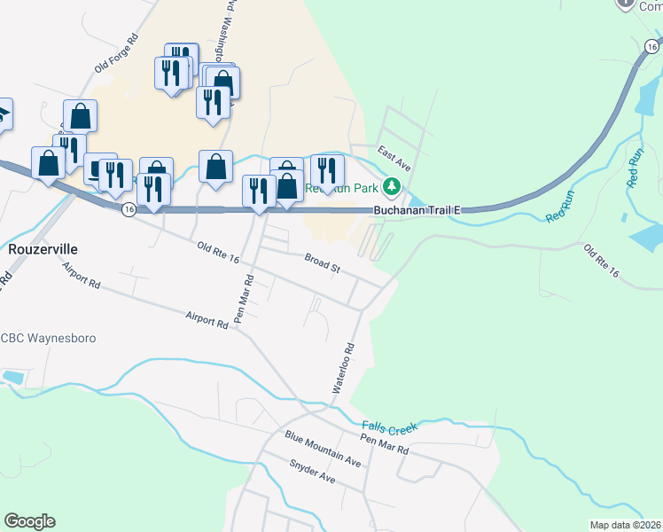 map of restaurants, bars, coffee shops, grocery stores, and more near 12153 Broad Street in Waynesboro