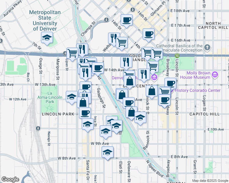 map of restaurants, bars, coffee shops, grocery stores, and more near 1256 Speer Boulevard in Denver