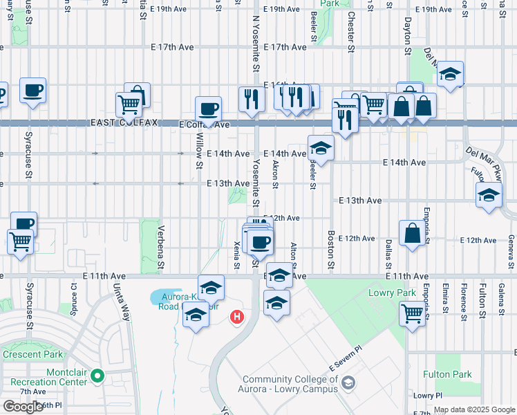 map of restaurants, bars, coffee shops, grocery stores, and more near 1222 Yosemite Street in Denver