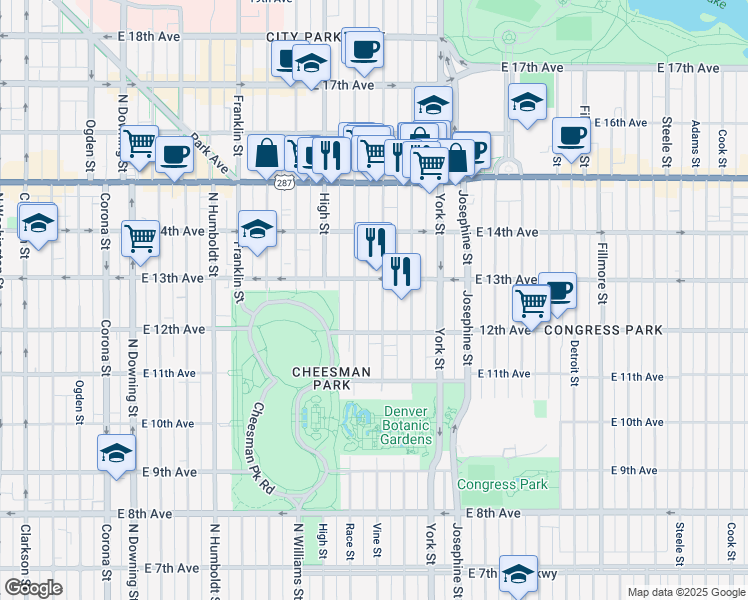 map of restaurants, bars, coffee shops, grocery stores, and more near 1257 Vine Street in Denver