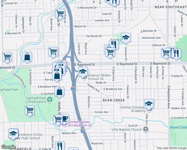 map of restaurants, bars, coffee shops, grocery stores, and more near 1518 East Kelly Street in Indianapolis
