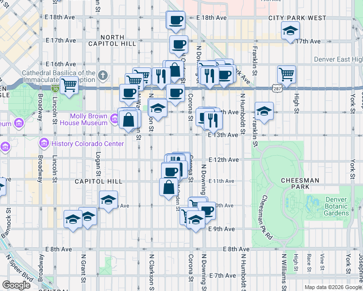 map of restaurants, bars, coffee shops, grocery stores, and more near in Denver