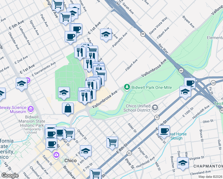 map of restaurants, bars, coffee shops, grocery stores, and more near 590 Vallombrosa Avenue in Chico