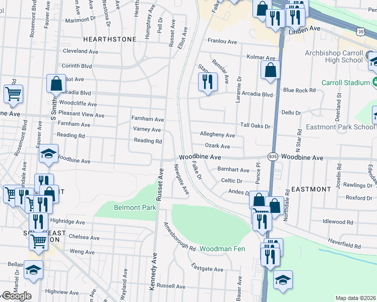 map of restaurants, bars, coffee shops, grocery stores, and more near 1557 Falke Drive in Dayton