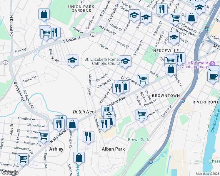 map of restaurants, bars, coffee shops, grocery stores, and more near 1601 East Latimer Place in Wilmington