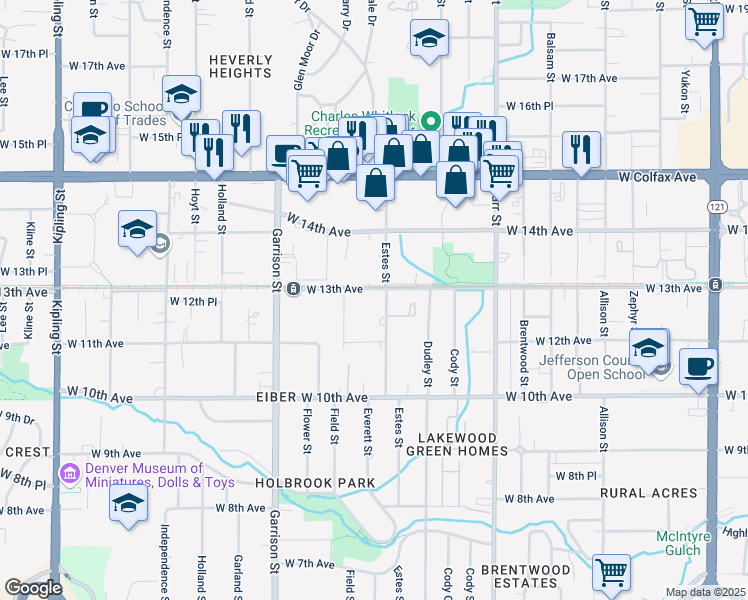 map of restaurants, bars, coffee shops, grocery stores, and more near 1295 Estes Street in Lakewood