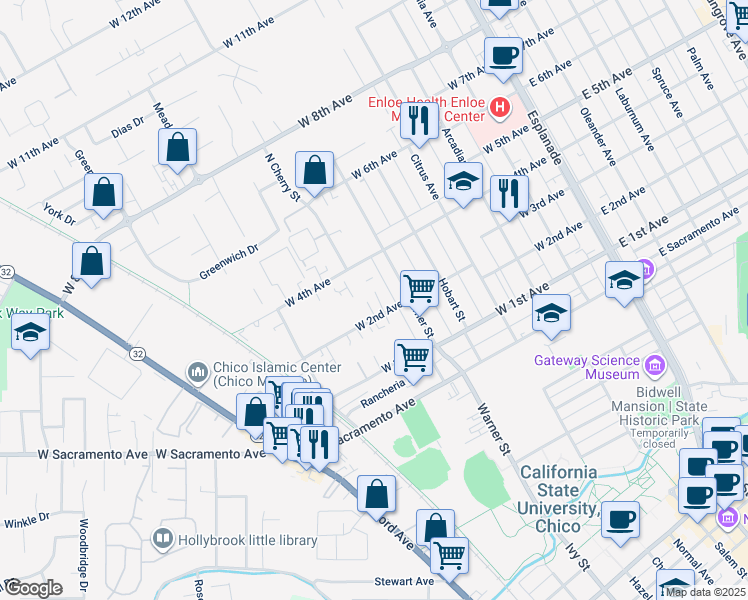 map of restaurants, bars, coffee shops, grocery stores, and more near 630 West 2nd Avenue in Chico