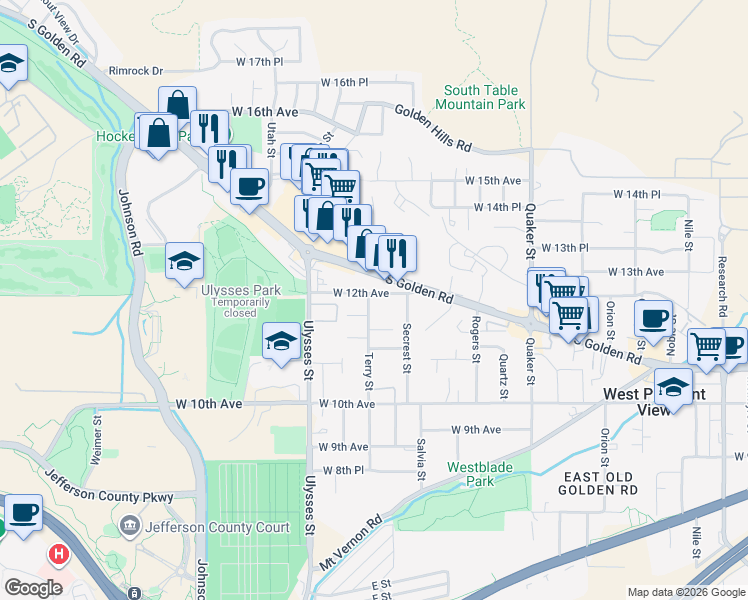 map of restaurants, bars, coffee shops, grocery stores, and more near 16948 South Golden Road in Golden