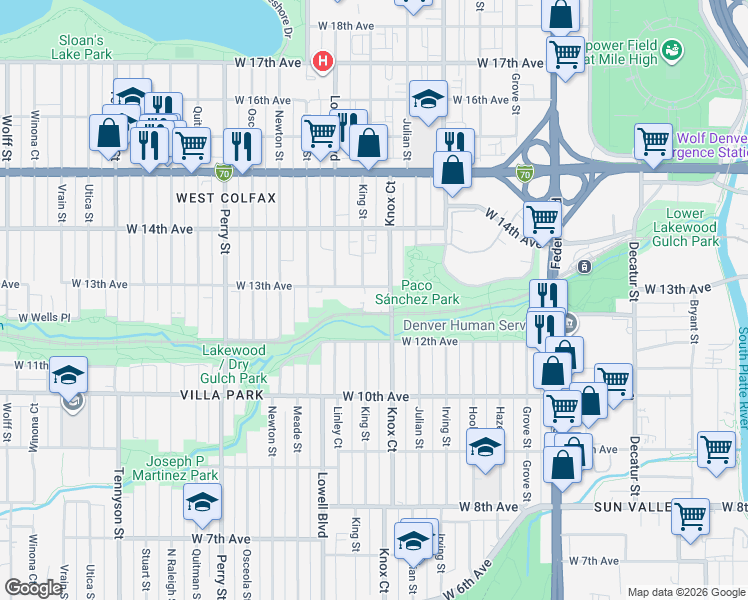 map of restaurants, bars, coffee shops, grocery stores, and more near 1299 Knox Court in Denver