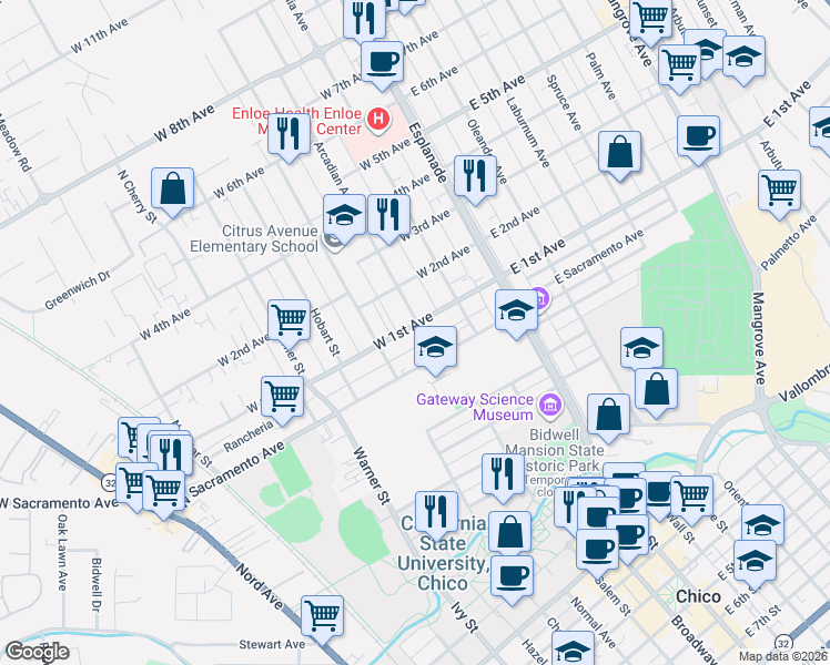 map of restaurants, bars, coffee shops, grocery stores, and more near 306 West 1st Avenue in Chico