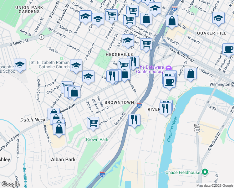 map of restaurants, bars, coffee shops, grocery stores, and more near 807 Anchorage Street in Wilmington