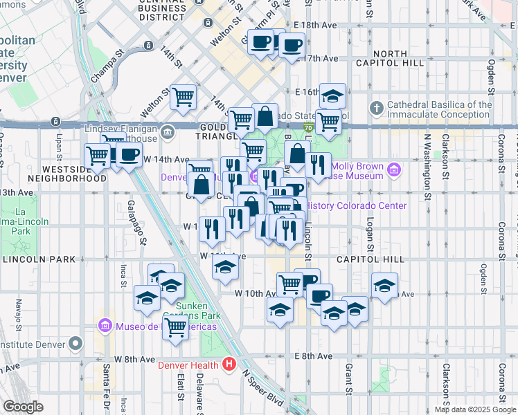 map of restaurants, bars, coffee shops, grocery stores, and more near 100 West 14th Avenue Parkway in Denver