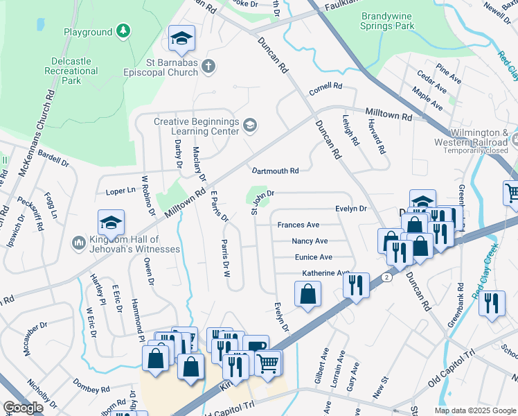 map of restaurants, bars, coffee shops, grocery stores, and more near 48A Saint John Drive in Wilmington