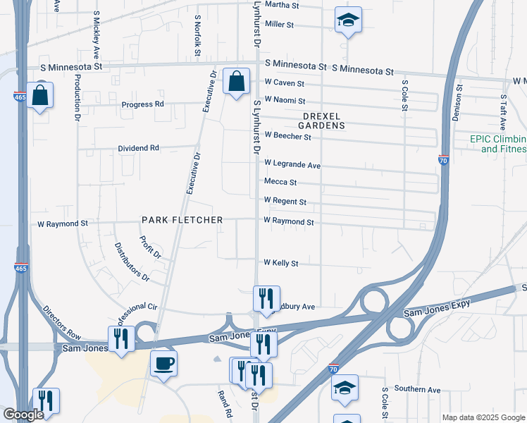 map of restaurants, bars, coffee shops, grocery stores, and more near 5248 West Raymond Street in Indianapolis