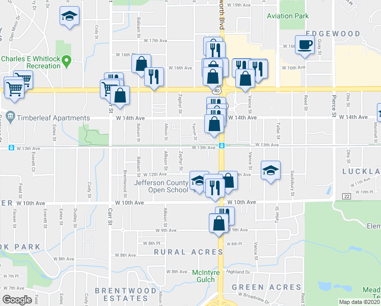 map of restaurants, bars, coffee shops, grocery stores, and more near 7770 West 13th Avenue in Lakewood
