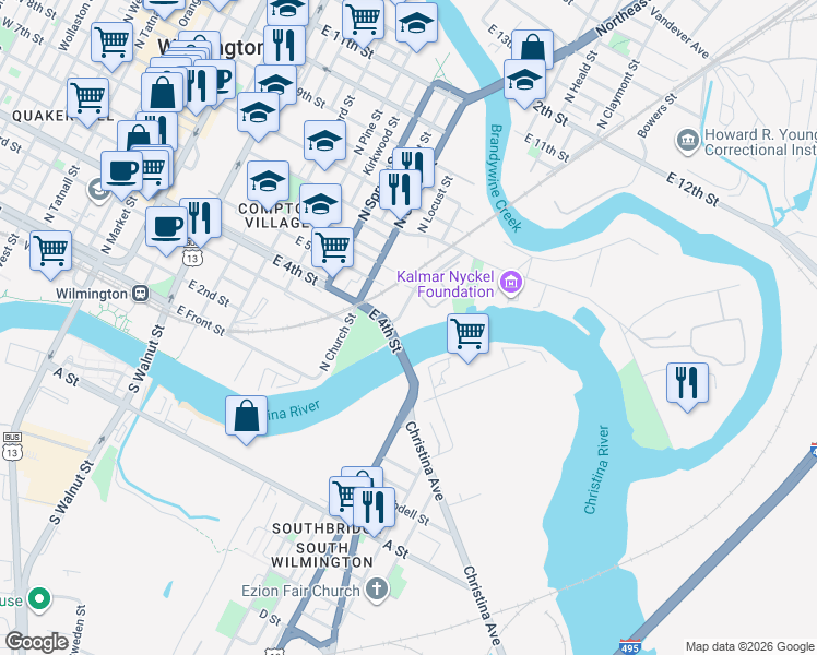 map of restaurants, bars, coffee shops, grocery stores, and more near 400 Swedes Landing Road in Wilmington