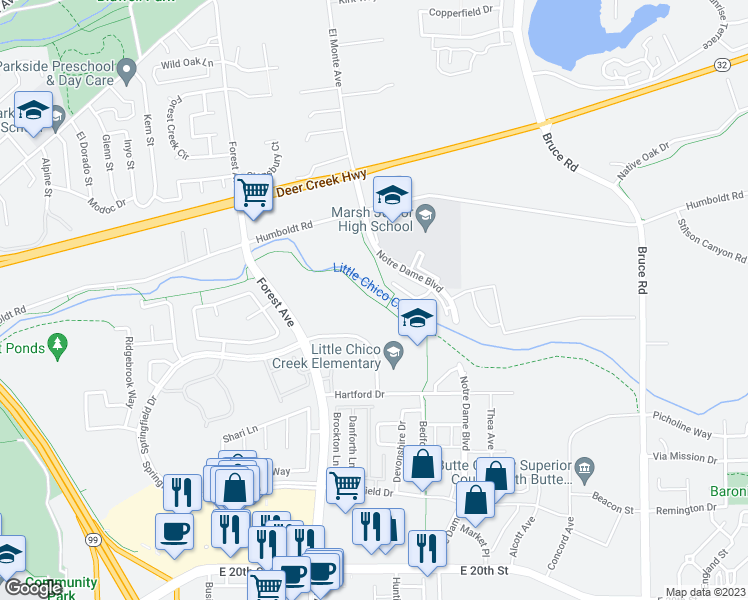 map of restaurants, bars, coffee shops, grocery stores, and more near Chico Bike Path in Chico