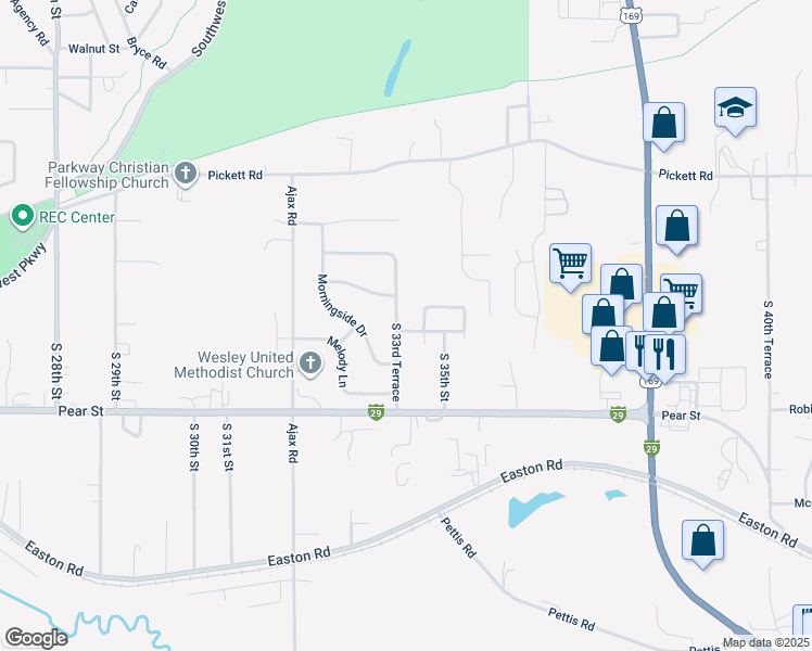 map of restaurants, bars, coffee shops, grocery stores, and more near 3106 South 34th Terrace in Saint Joseph
