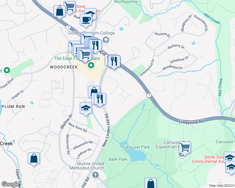 map of restaurants, bars, coffee shops, grocery stores, and more near 15 Bridle Path in Wilmington