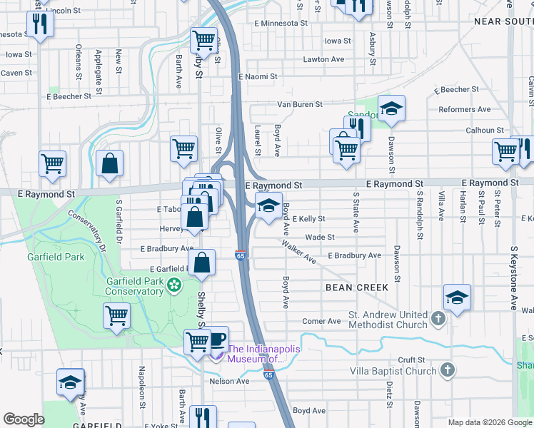 map of restaurants, bars, coffee shops, grocery stores, and more near 1348 East Kelly Street in Indianapolis