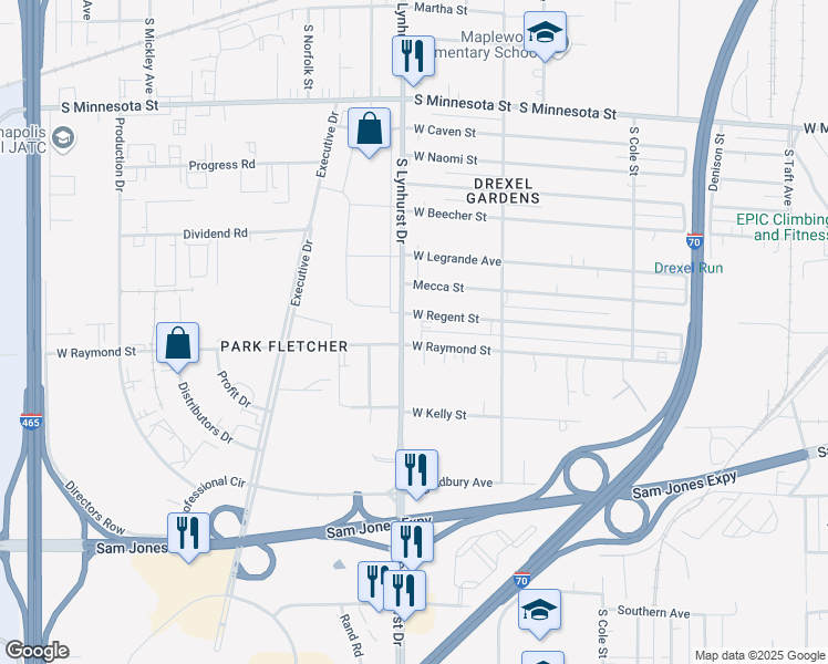 map of restaurants, bars, coffee shops, grocery stores, and more near 5248 West Raymond Street in Indianapolis