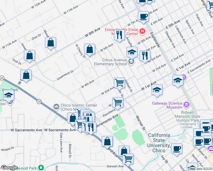 map of restaurants, bars, coffee shops, grocery stores, and more near 630 West 2nd Avenue in Chico