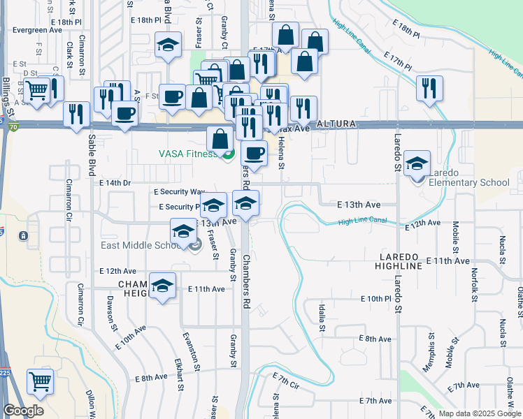map of restaurants, bars, coffee shops, grocery stores, and more near 1270 Chambers Road in Aurora